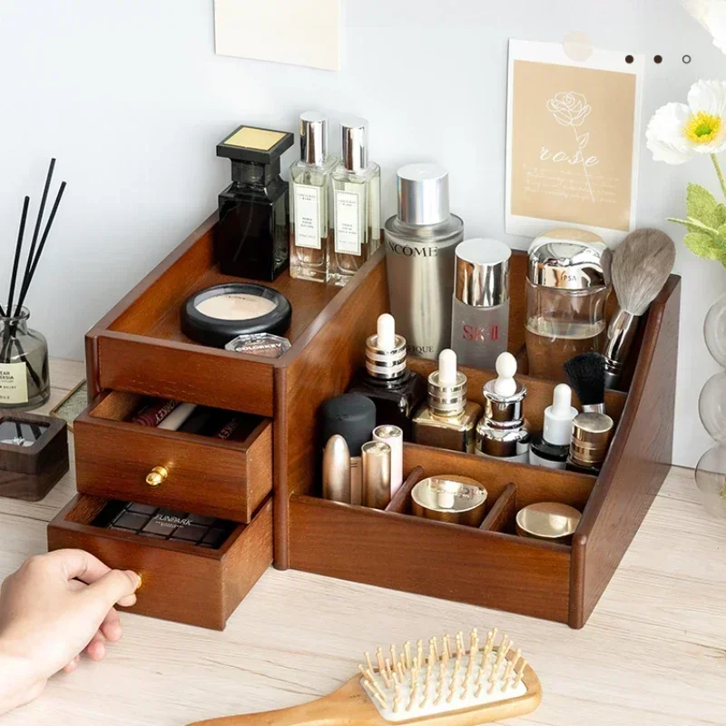 

Clear Wood Texture Makeup Organizer Large Capacity Drawer Box Luxury Storage for Lipstick Mask and Skincare