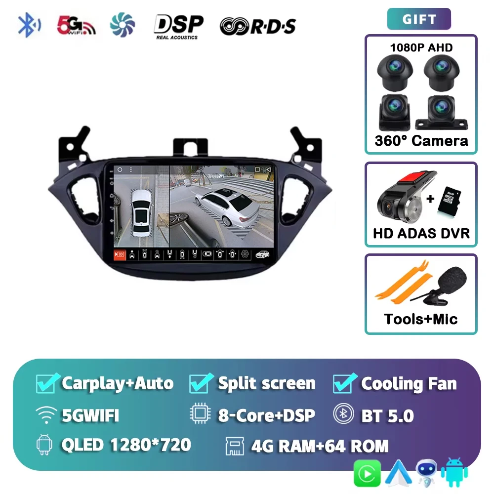 Android 16 voor Opel Corsa E 2014 - 2019 Adam 2013-2016 2K QLED Stereo autoradio multimediaspeler GPS AI spraakbesturing CarPlay 4G