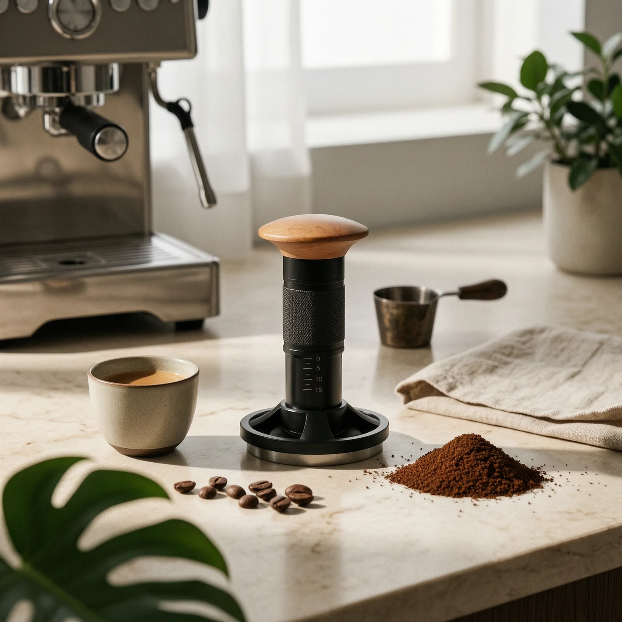Spring-Loaded Espresso Tamper Automatic Rebound Espresso Tamper with Wooden Handle Consistent Pressure Stainless Steel