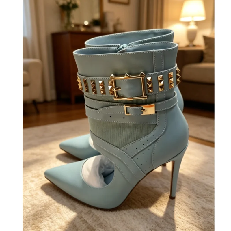 Black Rivet Decor Stiletto Sandal Boots Peep Toe Side Zipper British Style New Fashion Summer Women Shoes Zapatos Para Mujere