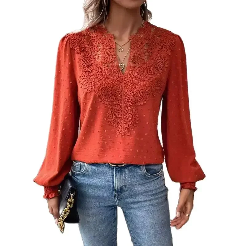 Elegant Hollow Out Lace Decoration Shirt Women Deep V Neck Pullover Blouse Female Solid Color Jacquard Lantern Long Sleeve Tops