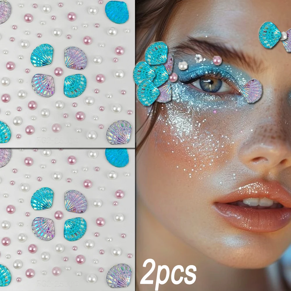 1/2PCS 3D Mermaid Makeup Shell Face Decal Mixed Size White Pink Half Pearls Seashell Adhesive Temporary Sticker Dreamy Face Deco
