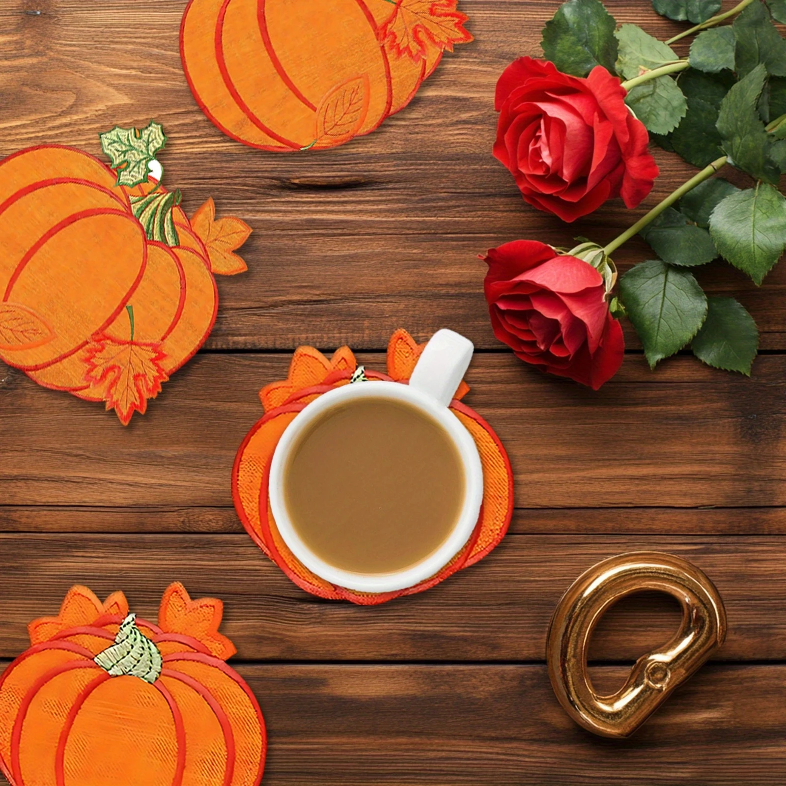 4/6pcs 2D 4in Pumpkin Shaped Wooden Coasters Colorful Print Anti-Slip Coffee Mats Kitchen Dining Room Decorative Accessories