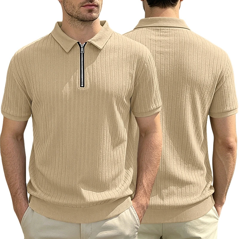 Spring Summer Men Shirts Vertical Stripe Jacquard Knit Polo Half Zip Soft Breathable Stretch Simple American Casual Lapel Shirt