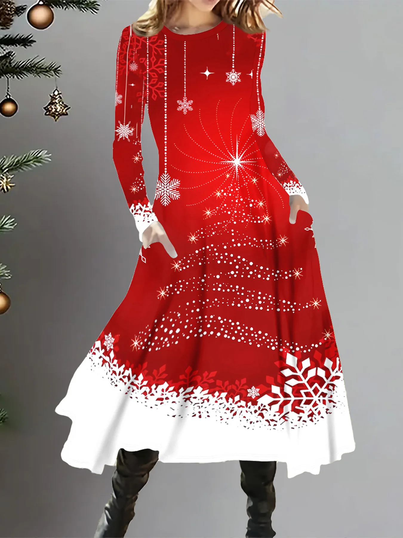 Plus Size Woman Printed Long Sleeve Christmas Dress Fashionable Women Party Dress  Xmas  Plus Size Women Clothing