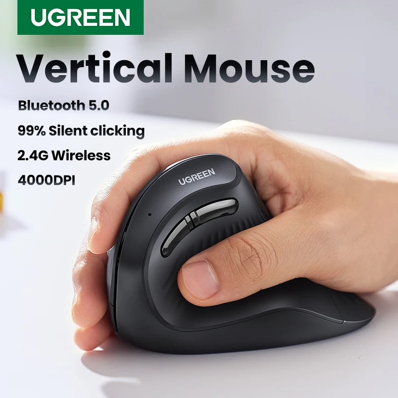 

UGREEN Vertical Mouse Wireless Bluetooth5.0 2.4G Ergonomic 4000DPI 6 Mute Buttons for MacBook Tablet Laptops Computer PC Mice