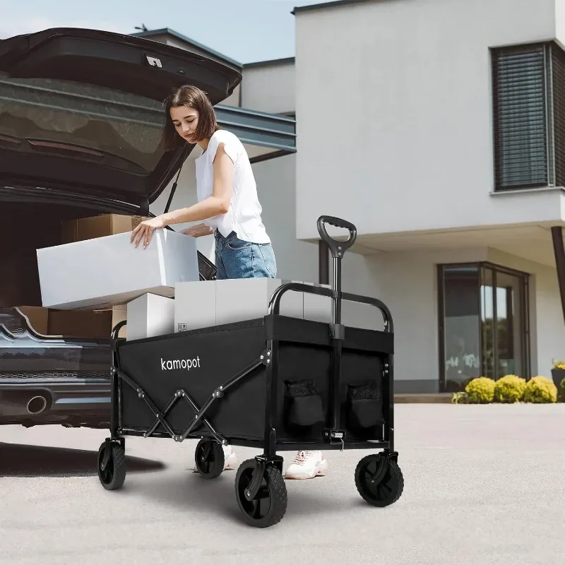 

4-wheel Black-Large Collapsible Wagon Foldable for Grocery, Beach, Park, Yard, 34 x 18 Inch Inner Storage.