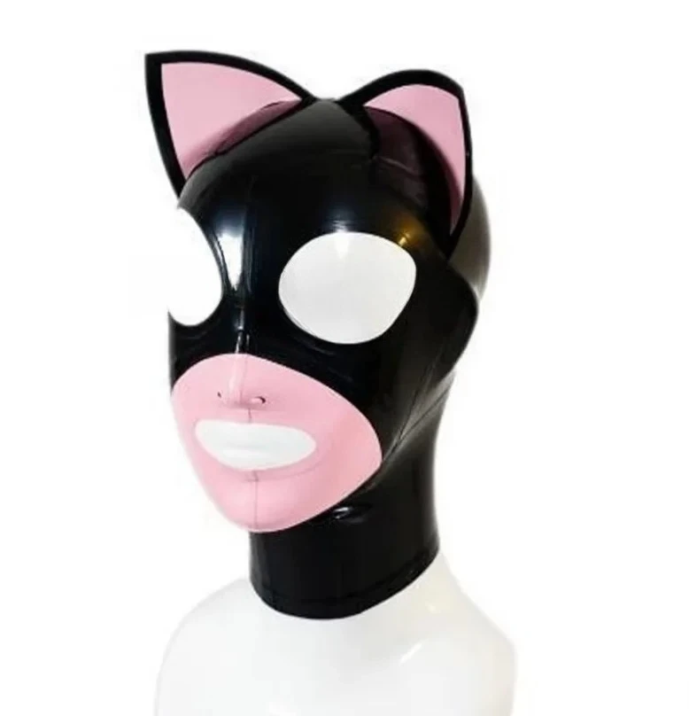 

Latex Hood Catwoman Mask Full Cover with Big Eyes Nose and Mouth Open Cat Ear Rubber Party Mask