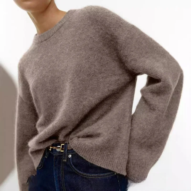 Loose Thick Cashmere round Neck Knitted Sweater 2025 Women's Fashion Autumn Season Bright Thread Detailing Knitwear