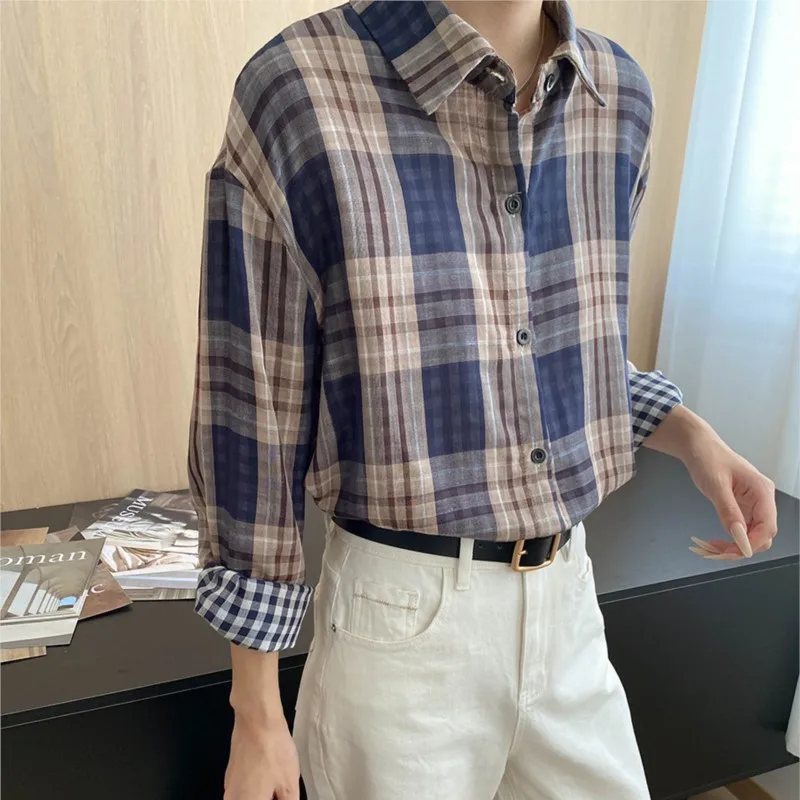 

2025 французская модная контрастная клетчатая рубашка с лацканами, свободная повседневная женская рубашка с длинными рукавами