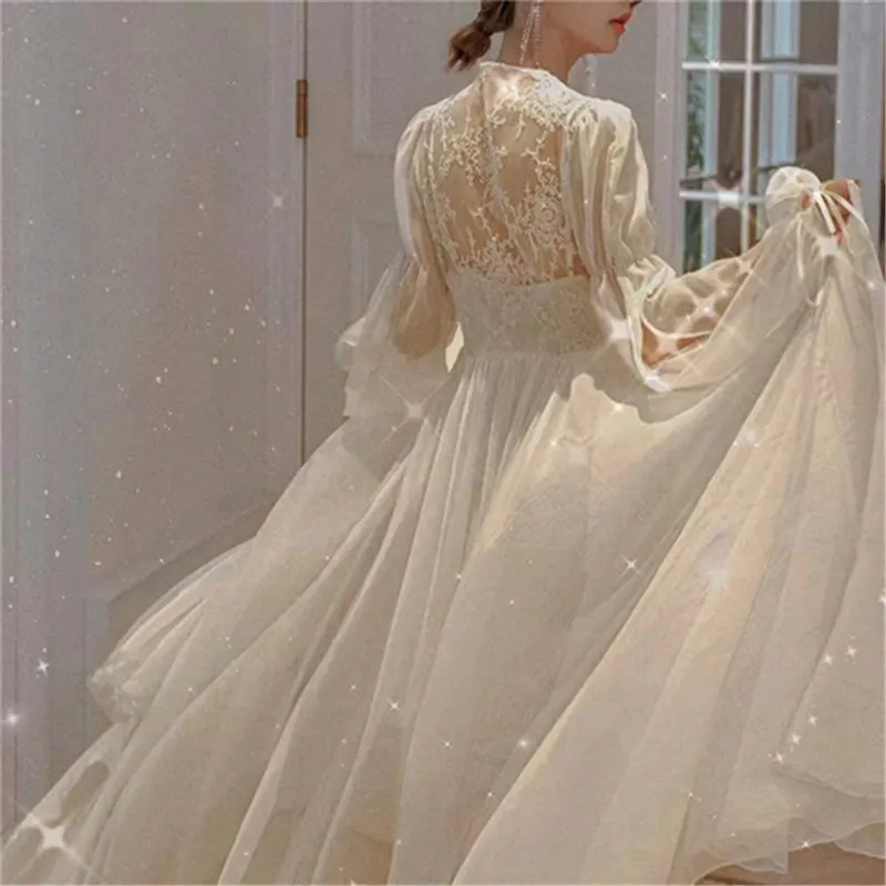 Bride Lace Mesh Bathrobe Wedding Nighty Gown Women Long Sleeve Sleepwear Sexy Nightgown Kimono Robe Summer New Nightwear