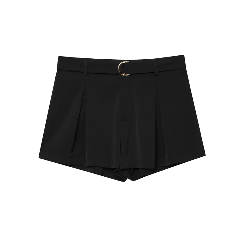 

2025 Women's New Summer shorts black pleated casual shorts with belt decoration unique and fashionable casual versatile