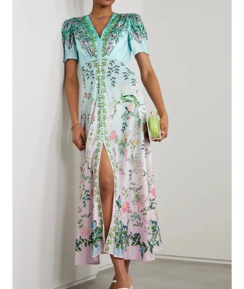 

Green Vintage Printed Women Dress V-neck Puff Sleeve Elegant Vestidos Streetwear Runway Design Evening Party Split Dress Bodycon