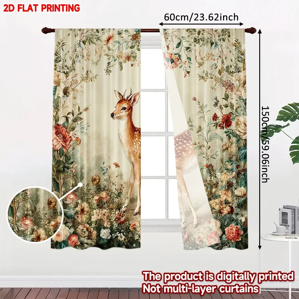2pcs Deer in Floral Meadow Curtains , Spotted Fawn with Colorful Flowers on Light Background for Cozy Living Room Decor