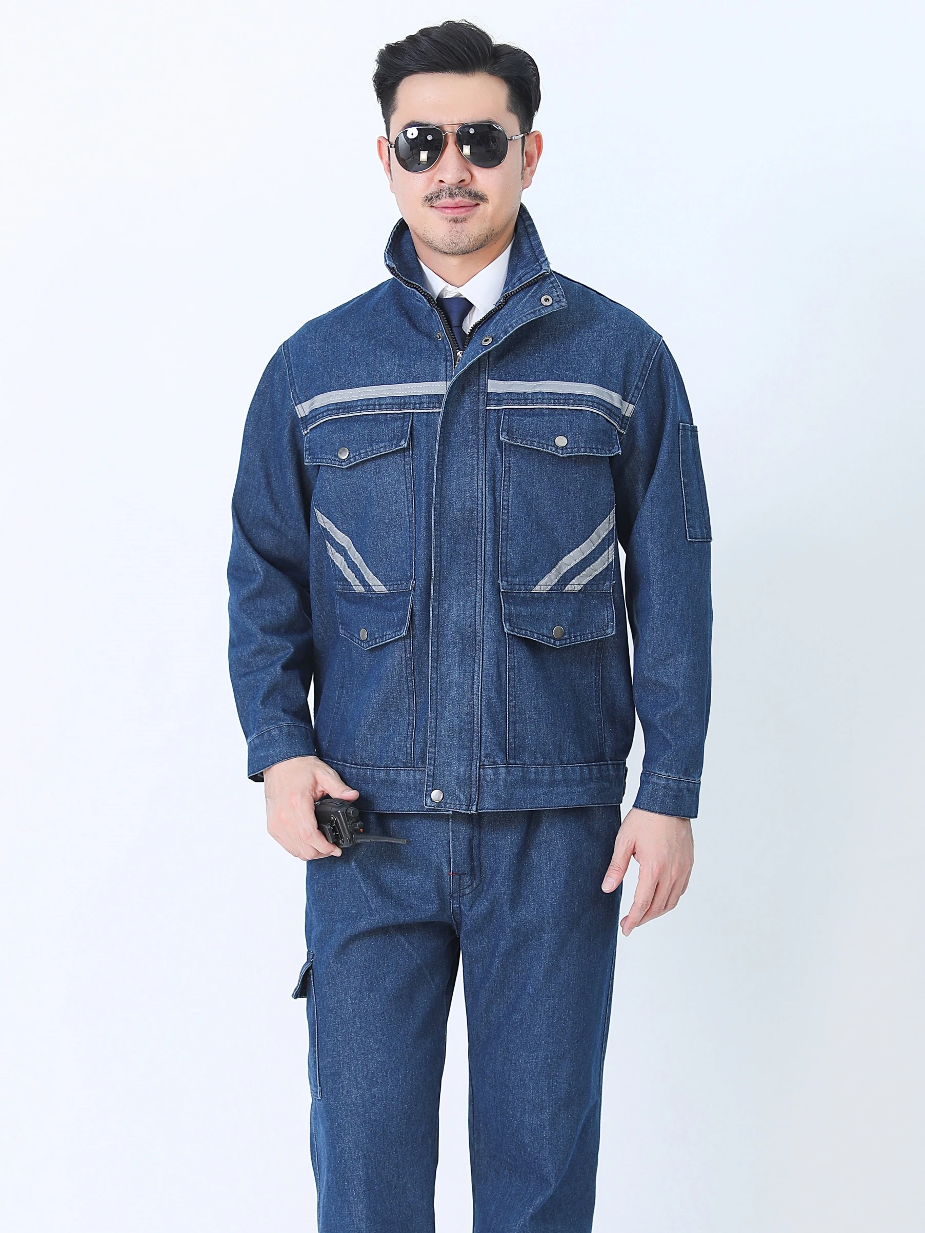 厚手デニム作業服スーツ男性用スタンドカラー電気溶接保護服純綿構造ユニフォーム