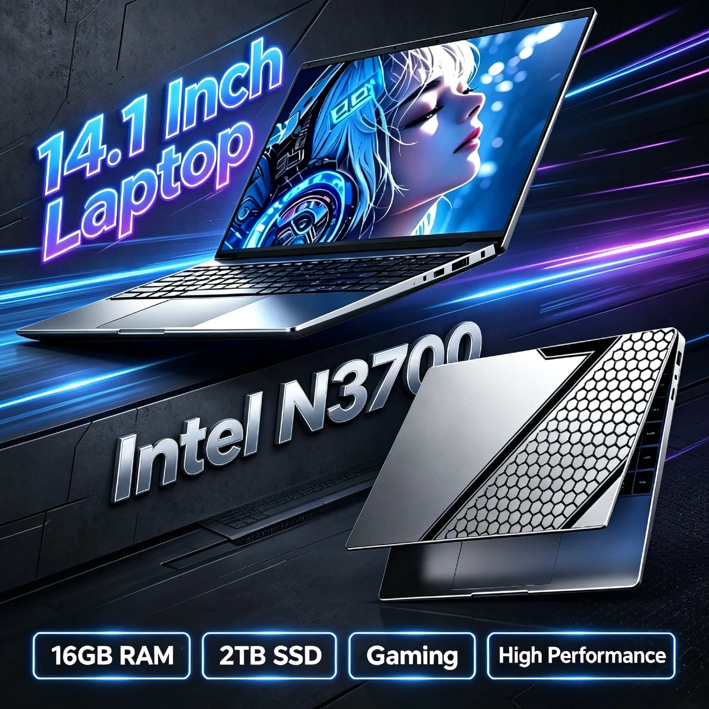 Intel N3700 14.1" Laptop 4C 4T 1.6-2.4GHz 16GB 2TB SSD Ultra Slim Gaming Pro High Performance Unit Plus for School