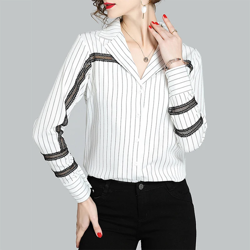 Fashion Striped Spliced Long Sleeve Shirts Women Sexy Hollow Out Black Lace Blouses 2025 Summer Basic All-Match Office Slim Tops