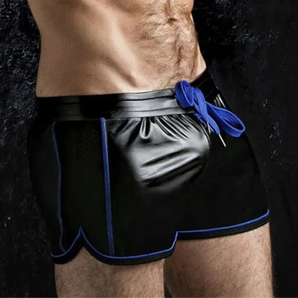 Trousers Shorts Boxer Trunks Clubwear Motorcycle PU Leather Punk Sleepwear Slim Solid Color Swimwear Men Fashion