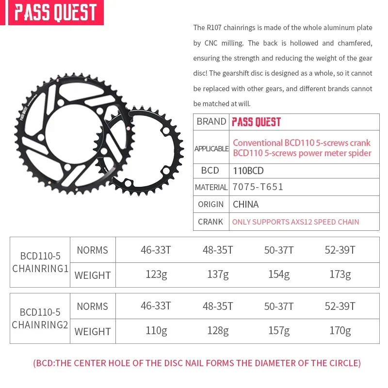 Pass Quest 2x 110bcd (5-Bolzen hohl) Achsen Kettenrad rundes Rennrad faltbares Fahrrad 12-Gang-Kiesfahrrad