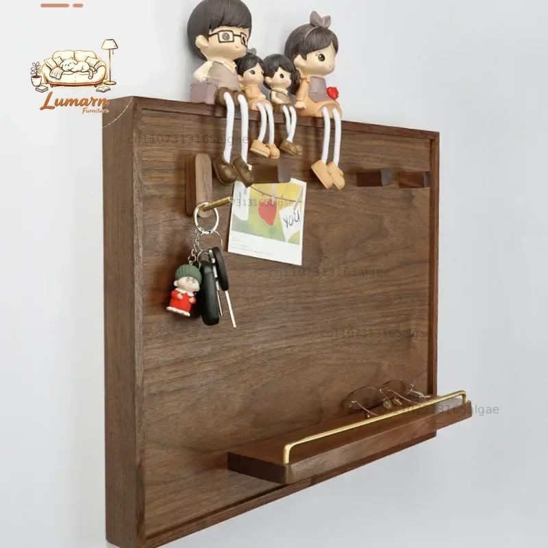 Wall-Mounted Storage Holder with Key Hook Walnut Wood Electric Meter Box Cover Decorative Rack Living Room Elegant Organization view 2