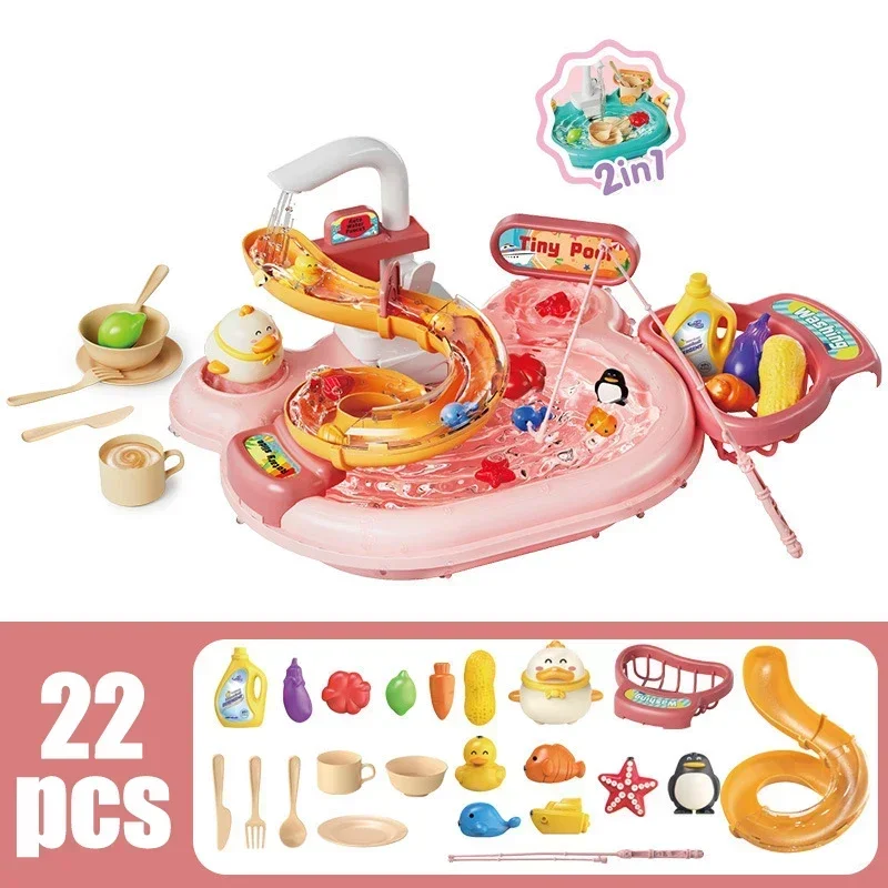 Puzzle per bambini giochi di imitazione giocattoli per lavabo giocattoli regalo cucina giocattoli interattivi 2-in-1 scivolo pesca giocattolo