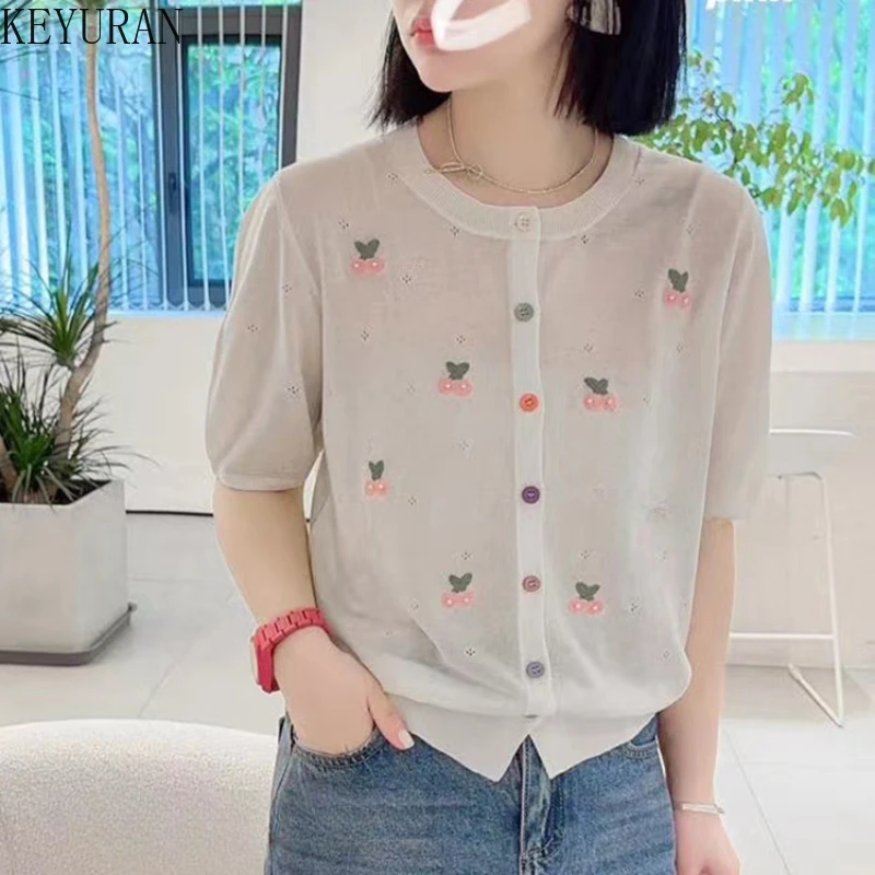 Sweet Embroidery Thin Ice Silk Short Sleeve Knitted Cardigan Women\'s 2024 Summer New Vintage Loose Single Breasted Knitwear Tops