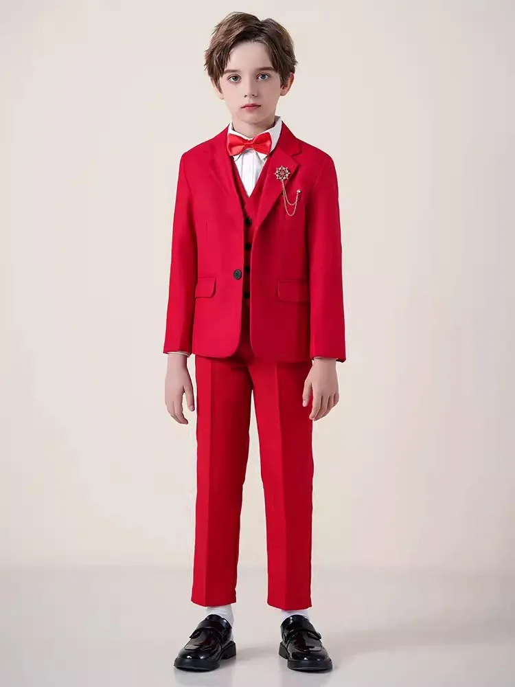 Kids Birthday Wedding Tuxedo Dress Children Red Photography Suit Flower Boys Jacket Vest Pants Bowtie 4PCS Ceremony Costume