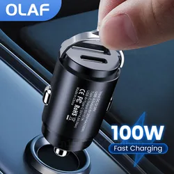 Olaf 100W Mini ładowarka samochodowa z dwoma portami do szybkiego ładowania Adapter samochodowy typu C PD do iPhone'a 13 12 Xiaomi Huawei Samsung QC3.0