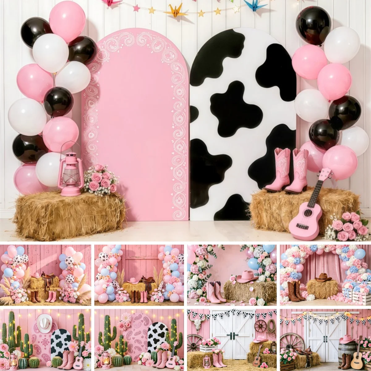 Rosa Western-Farm-Fotografie-Hintergrund Ballon-Blumenbogen Holzplanke Grasstapel Mädchen Geburtstag Hochzeit Party Deko Foto-Hintergrund