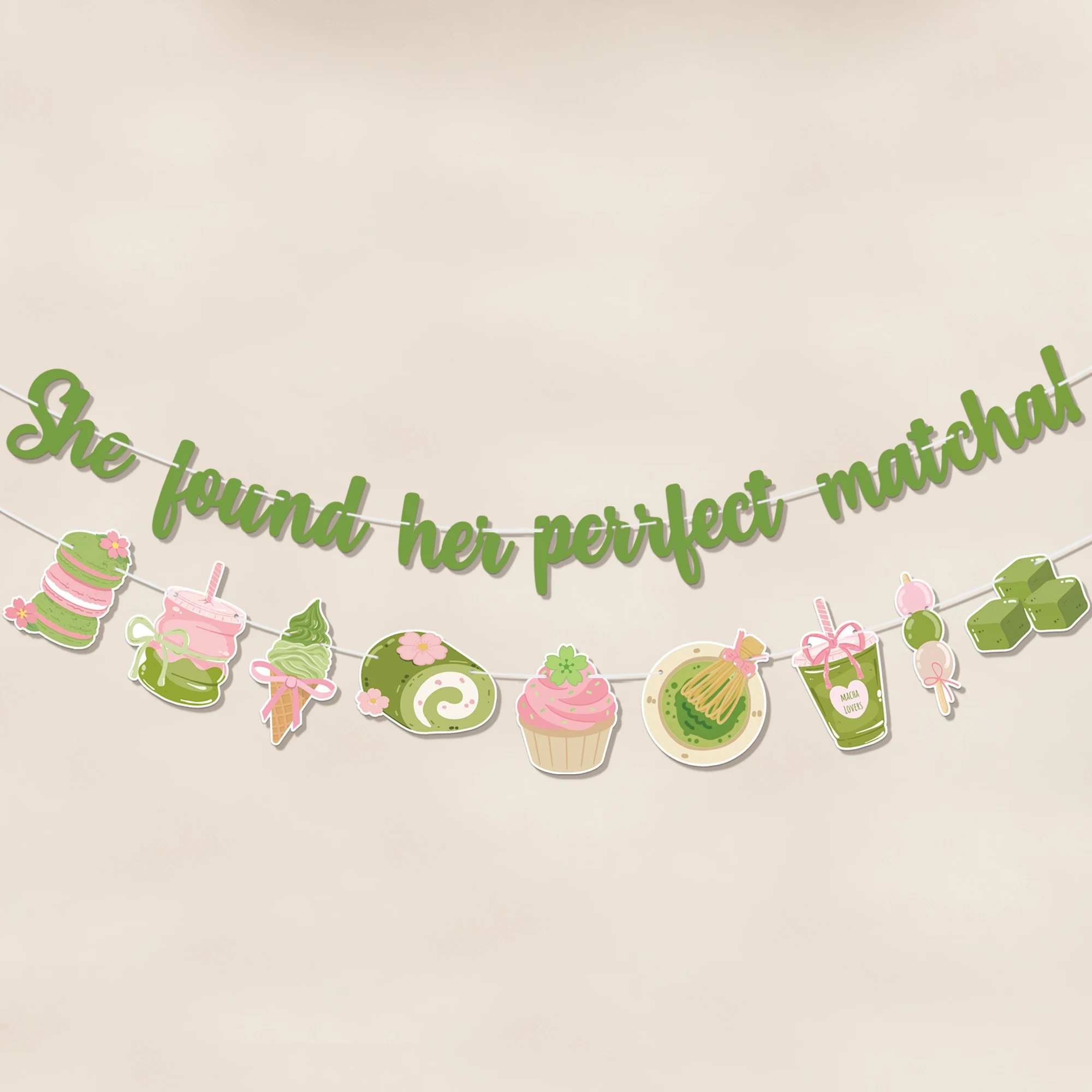 Sie fand die perfekte Matcha-Girlande, grüne Tee-Matcha-Junggesellinnenparty-Dekorationen für die Brautparty, Dessert-Zubehör
