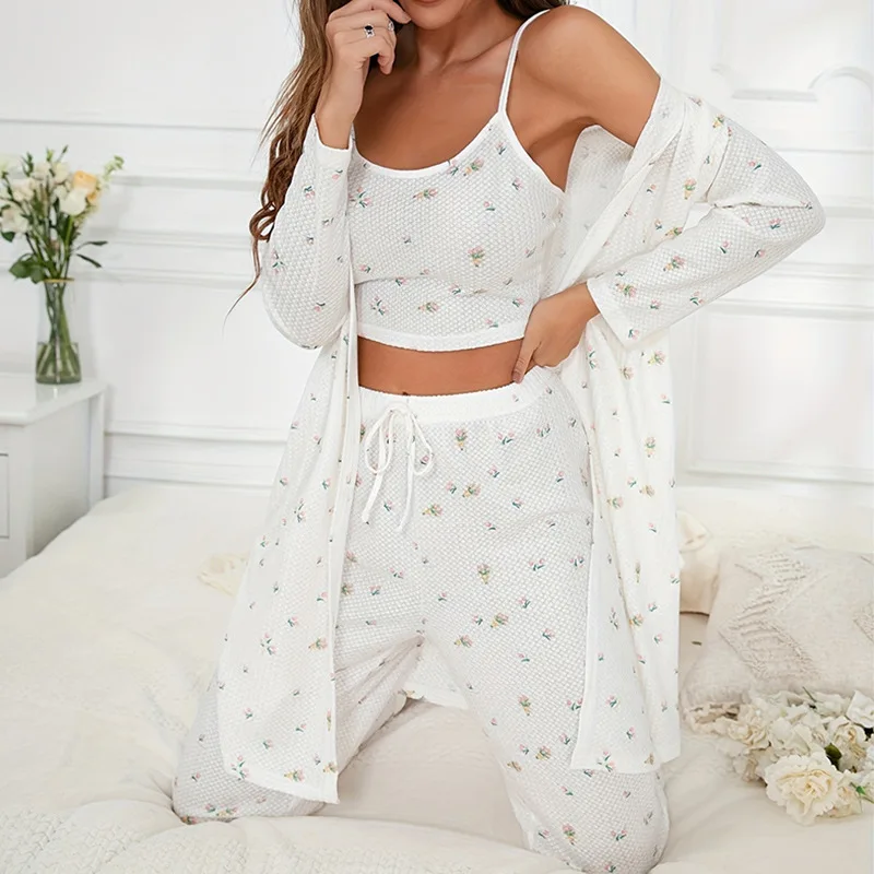 

Women Summer New Nightwear Pyjamas Breathable Trousers Set 3 Piece Set Sexy Homewear Cami&pants&bathrobe Loose Loungewear