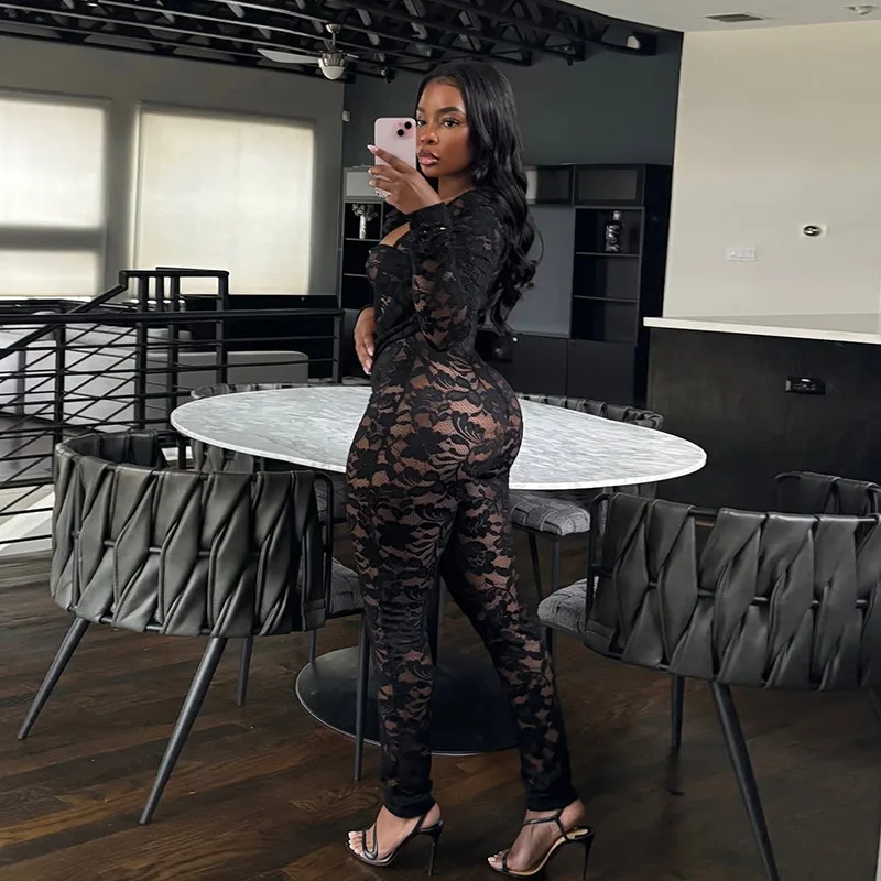 DSMTRC Women Swinging Collar Full Sleeve Black Mesh Sheer Jumpsuit With Strapless Crop Top Street Clubwear Lace Floral Playsuits