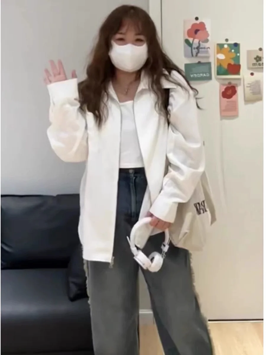 plus Size Women's irt Jaet Inner Wear Double Zipper Loose Slimming Versatile Top Trendy Korean Sle Long Sve  Collar