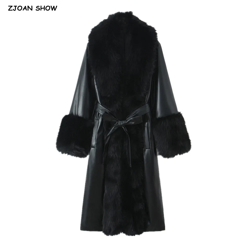 秋冬 ブラック シャギー フェイクファー ラペルカラー フェイクレザーコート レディース ボウタイ サッシュ ロングスリーブ ボタンなし ミディ丈 トレンチコート アウター