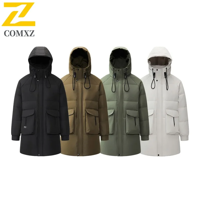 COMXZ Men Long Down Jacket Leisure Hooded Outdoor Climbing Cold Protection Padding Coat Travel Lightweight Winter Windbreaker