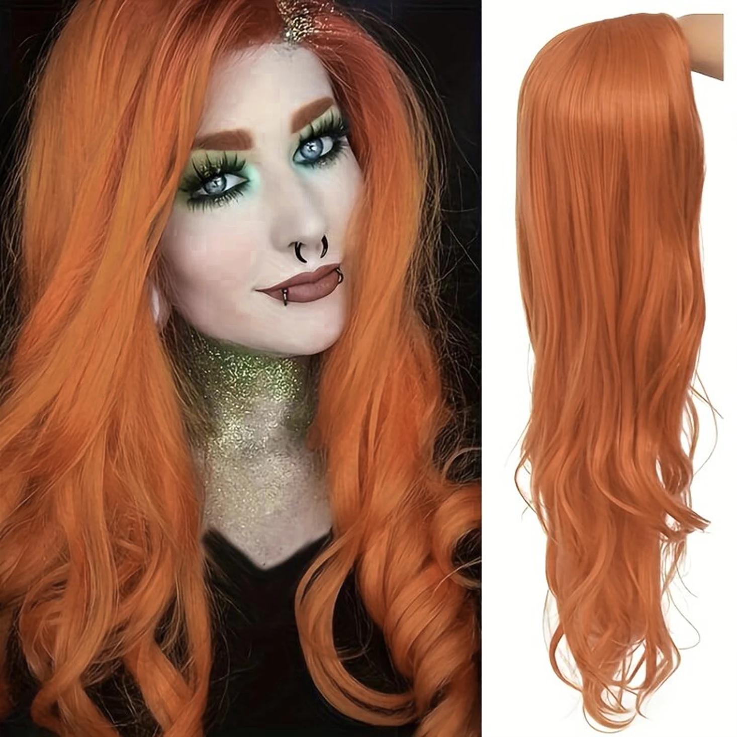 

Long Curly Wavy Orange Synthetic Wigs for Women Side Part Natural Looking Synthetic Cosplay Hair Wig Orange Color