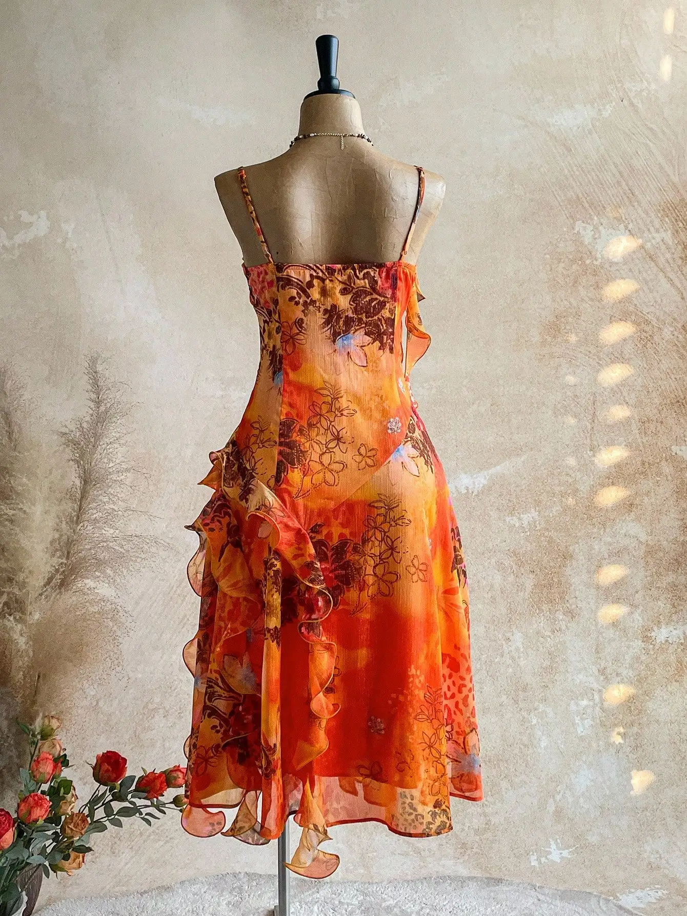 Boho Floral Chiffon Dress with Ruffles & V Neck, Vacation Ready Summer Midi