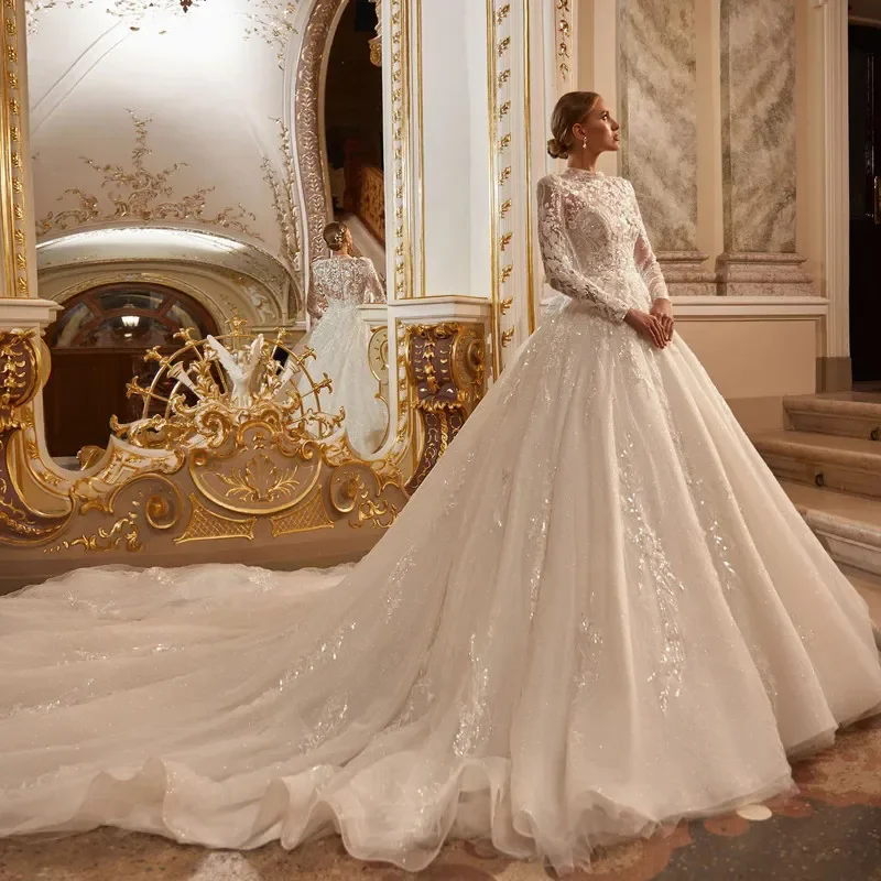 Vestido de novia de línea a de tul vintage de lujo, Apliques de encaje, cuello alto, manga larga, Boda de auditorio, vestido de novia romántico, talla grande