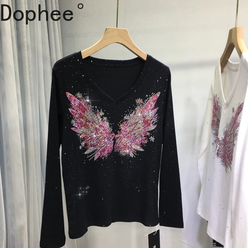 

High Quality Luxury Butterfly Hot Drilling Women T-shirt All-match Autumn Winter V-neck Pullover Top Large Size Slim Basic Tees