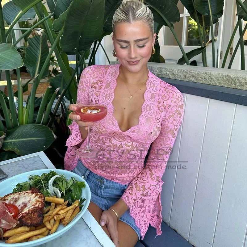 GIYSILE 2025 New Europe and America Ins Wind Hot Sexy Deep V Slim Joker Short Navel Lace Long Sleeve Spice Girl Wind Lace Top