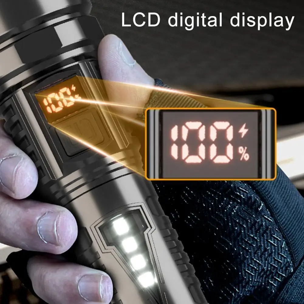 Super Bright Outdoor Spotlight Flashlight Type-C Fast Charging Waterproof with LCD Digital Display 4 Operating Modes