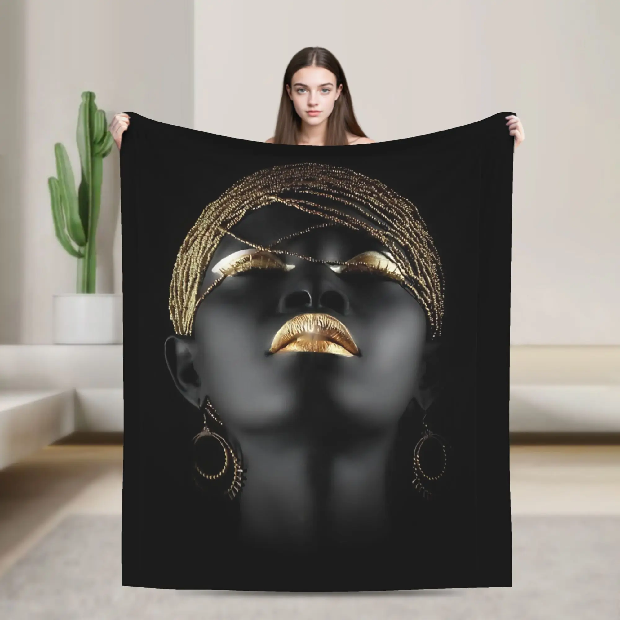 

AFRICAN QUEEN African Art Black And Gold Blanket Cover Fuzzy Throw Blankets Bedroom Sofa Printed Soft Warm Bedsprea,