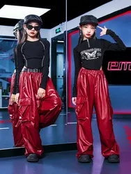Ropa de Hip Hop para chico, Top corto negro con cuello simulado, camiseta de manga larga, pantalones Cargo anchos de color rojo vino para niña, Ropa de baile, disfraz