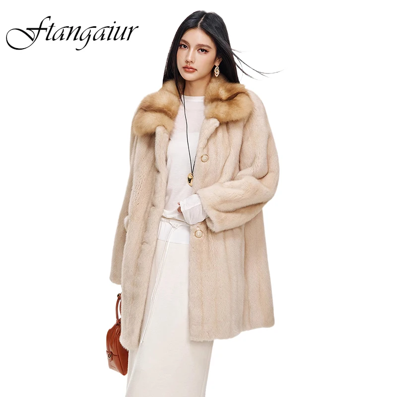 Ftangaiur New Winter Import Velvet Mink Fur Coat Sable Turn-Down Collar Mink Coat Women Medium Natural Real Mink Fur Coats