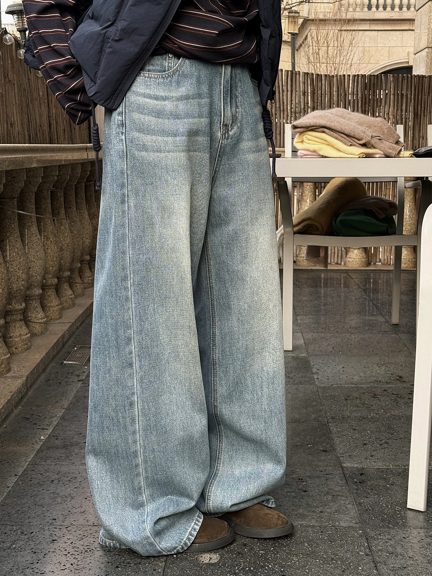 Eenvoudige en modieuze vintage gelaagde gewassen jeans met rechte pijpen en losse silhouet lange broek voor dames