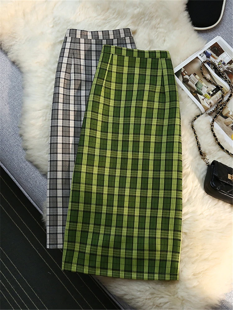 

Classic Green Plaid Office Ladies Women's Skirts 2023 Spring Summer New High Waist Back Split A-line Suit Skirts Female