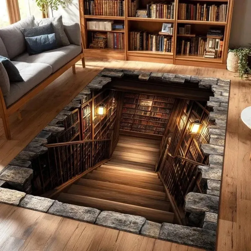 VIKAMA Optical Illusion Rug Bookshelf Stairs Non-slip for Library Living Room Bedroom Book Lover Gift Decor