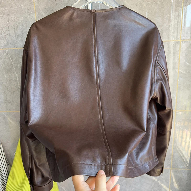 S-2XL Giacche vintage in vera pelle marrone per donna Casual Chic O-collo monopetto femminile corto giacche di pelle di pecora cappotti