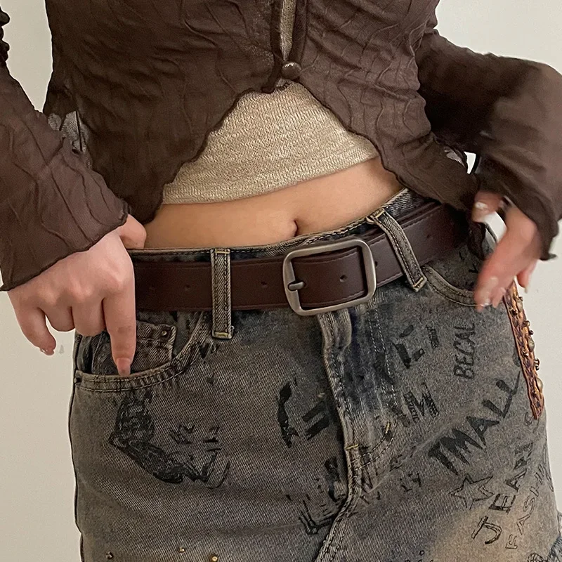 

Waistband women's simple snap-front summer decorative jeans, student coffee-colored versatile wide belt design belt, black