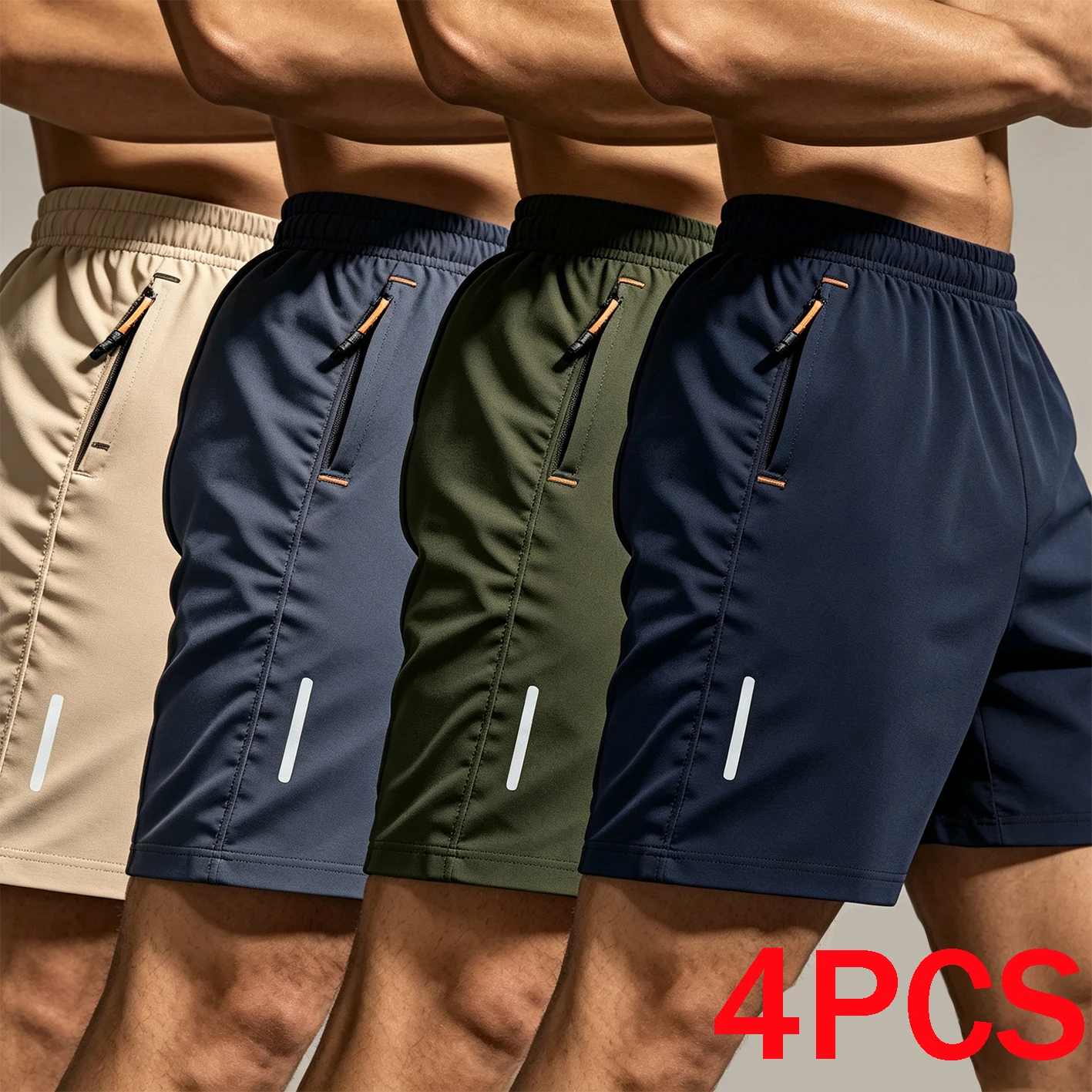 4‑Pack Men Quick‑Dry Sports Shorts 9 Colors Available Zipper Pockets Elastic Drawstring Casual 5‑Inch Workout Shorts
